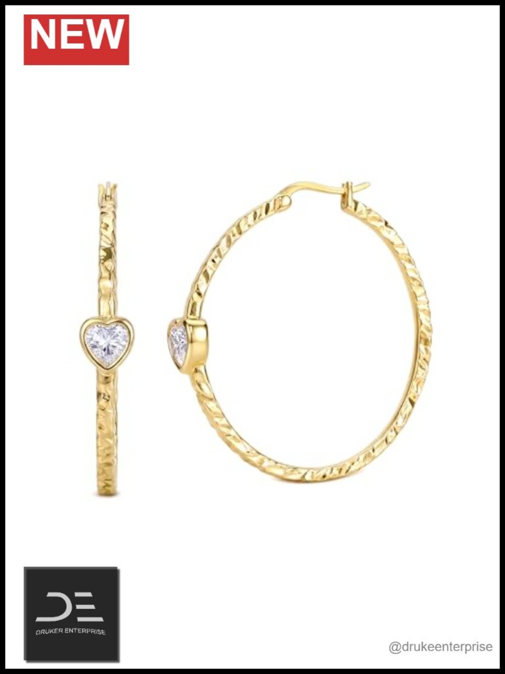 14K Gold Plated Hoop Earrings Heart Cubic Zirconia Hypoallergenic 35mm 40mm